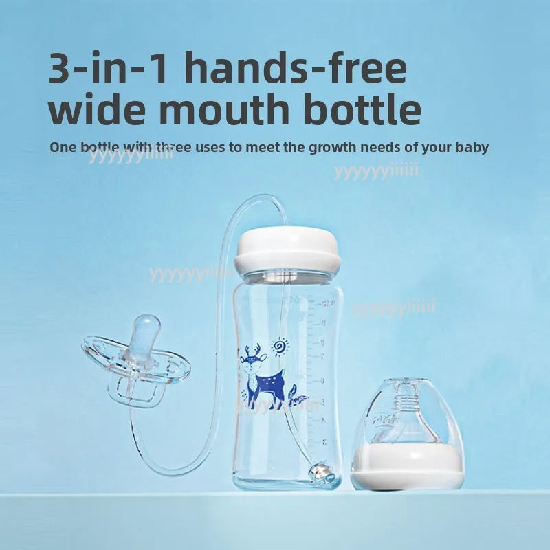 3-in-1 Freihändige Babyflasche 300ML mit Weitem Hals, Anti-Tropf-Schwerkraftstrohhalm und Milchaufbewahrungsflasche mit Sauger