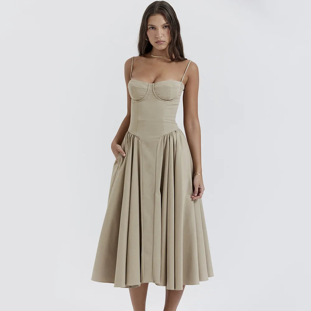 Sommer Frauen elegante ärmellose rücken freie Falten kleider Dame sexy feste Schlinge Midi-Kleid 2024 weibliche Party Abend A-Linie Roben