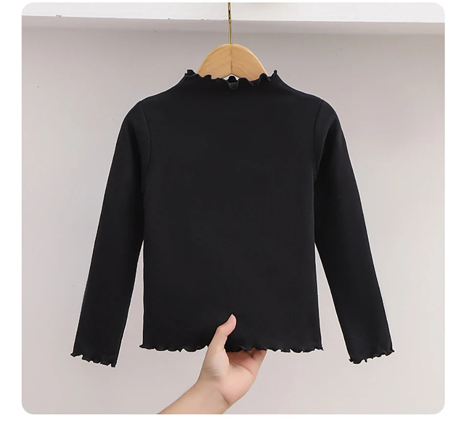 Kinder Kleidung Neue Mädchen Basis Shirt Für Herbst und Winter Kinder Trendy Schwarz Pilz Rand Einfarbig Lange Ärmeln T-shirt