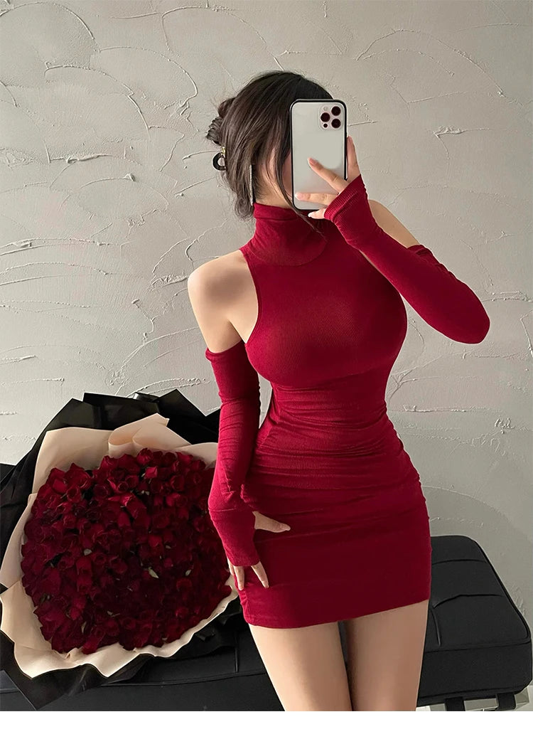 Sommer Sexy High Neck Enges Kleid Oversleeve Plissee Unten Eingewickelt Hüfte Kleid Frauen Bodycon