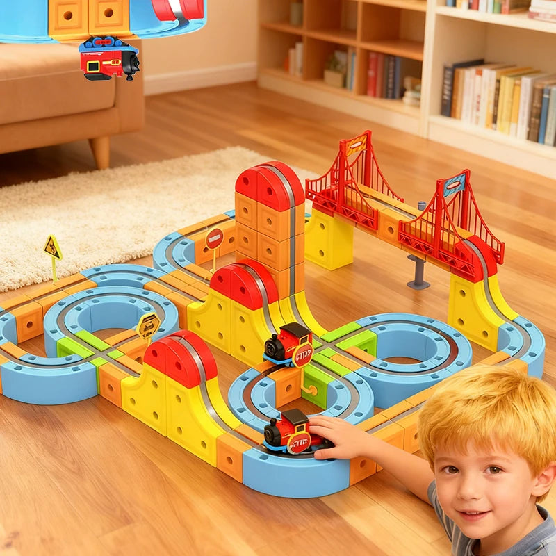 Magnetisches Elektrisches Eisenbahnset Magische Schienenbahn DIY Würfelspielzeug Kreatives Lernmodell Eisenbahnautos Spielzeug Geschenke für Kinder Jungen ab 3 Jahren
