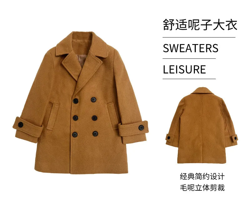 Teen Jungen Wolljacke Herbst Winter Neue Lange Stil Einfarbig Dicke Warme Revers Trenchcoat Für 3-10Y Kinder Hübsche Oberbekleidung