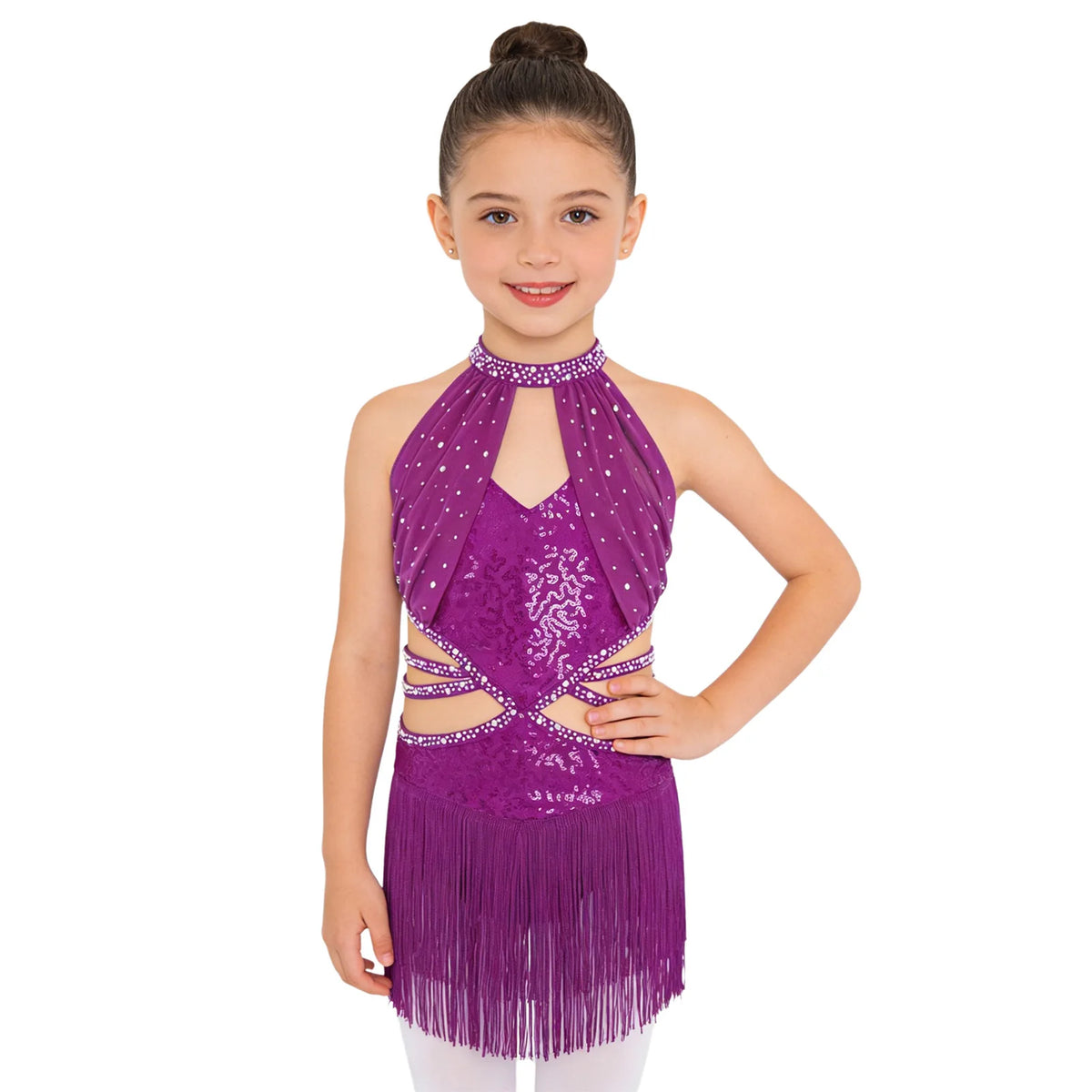 Glitzerndes Pailletten-Lateintanzkleid für Mädchen, Salsa, Jazz, Tango, ärmellos, gerüschtes Mesh-Overlay, Oberteil mit Quasten, Leotard-Kleid