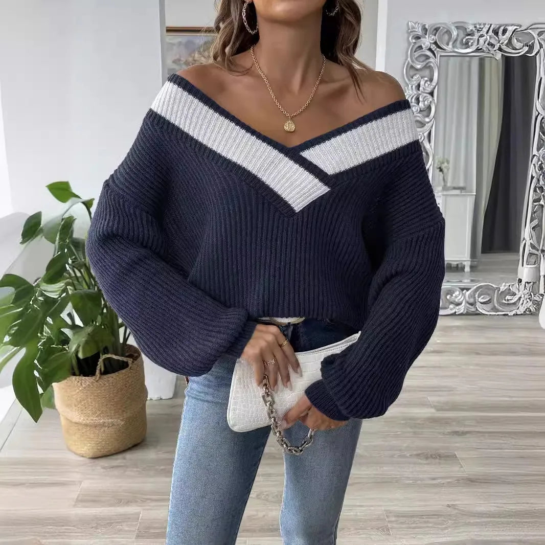 Frauen Invierno Pull Automne Femme Modische V-ausschnitt Lange ärmeln Lose Einfarbig Spleißen Pullover Pullover Herbst Modus Damen