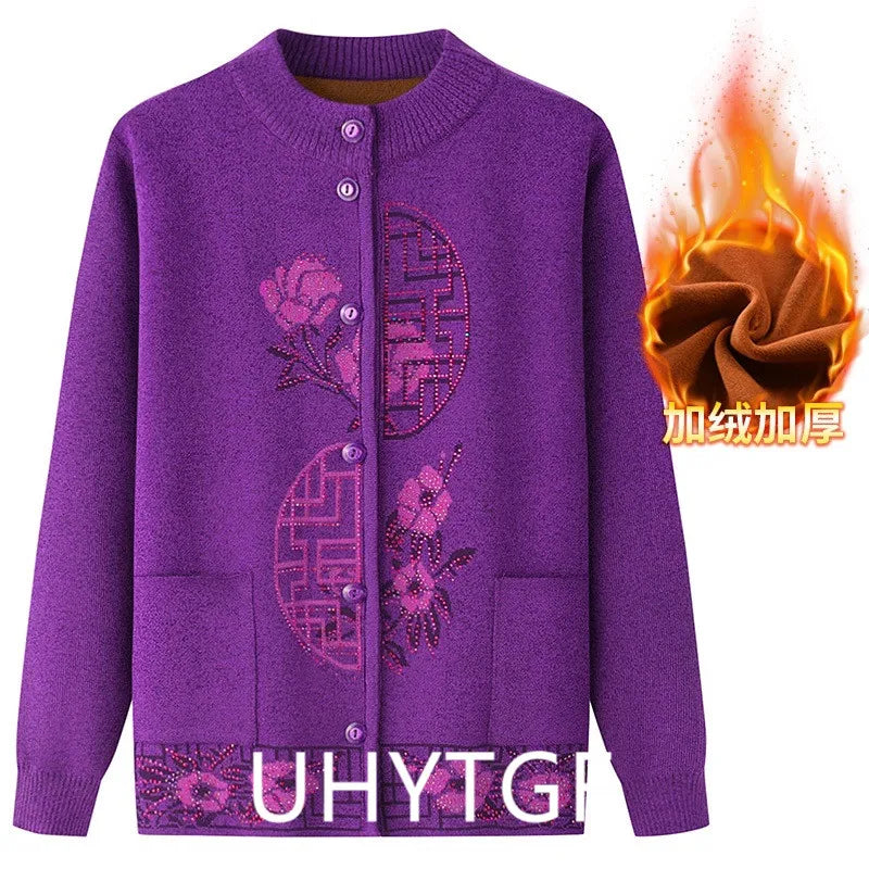 2025 Oma Pullover Frauen Frühling Herbst Pullover Mantel Mutter Strickjacke Für Frau Samt Strickwaren Weibliche Kleidung 5XL 2898