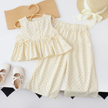 Bear Leader Baby-Mädchen-Freizeitkleidung, Rundhalsausschnitt, ärmelloses Polka-Dot-Oberteil + Hose mit weitem Bein, 2-teiliges Set mit Schleife und Knopf