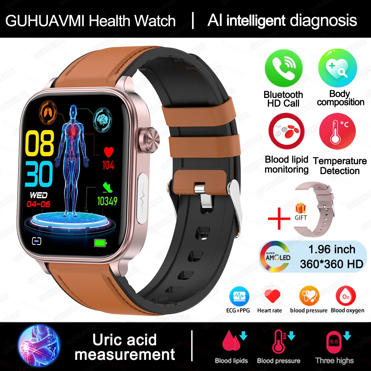 AI-Diagnosedetektor, Smartwatch für Damen, Blutfette und Harnsäure, Körpersammensetzungstest, Damen-Menstruationsgesundheits-Tracker, 2025, Neu
