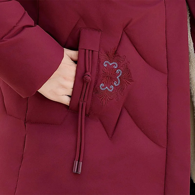 Frauen Winter Puffer Baumwolle Gefütterte Jacke Oma Mit Kapuze Fleece Dicke Parkas Warme Lose Retro Stickerei Schnee Mantel Lose Weibliche