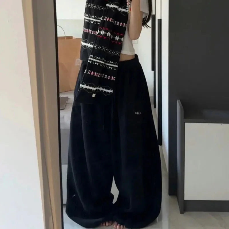 Amerikanischen Retro Hip-Hop Übergroßen Frau Schwarz Casual Jogginghose Koreanische Streetwear Lose Jogging Hosen Hohe Taille Breite Bein Hosen