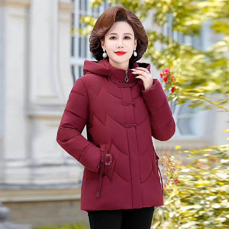 Frauen Winter Puffer Baumwolle Gefütterte Jacke Oma Mit Kapuze Fleece Dicke Parkas Warme Lose Retro Stickerei Schnee Mantel Lose Weibliche