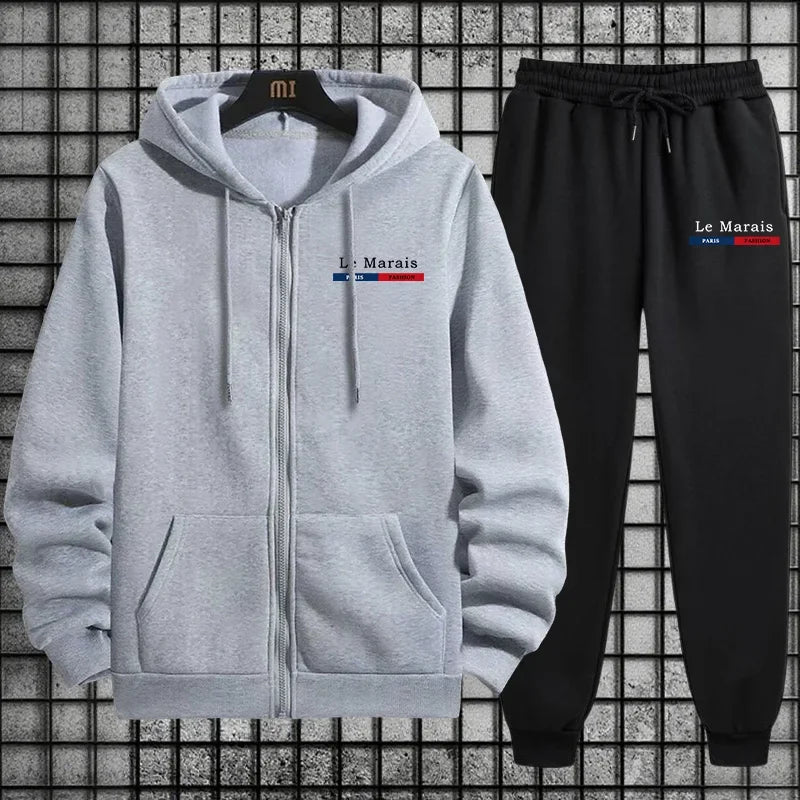 Herbst Winter Sportlicher Stil Paris Le Marais Print Herren Trainingsanzug Set 2-teilig Hoodie mit Jogginghose Urban Streetwear Outfit