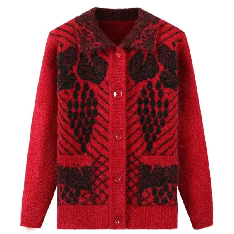 Lässiger Stil Dicker Jacquard-Strick-Cardigan für Ältere Frauen Warmer Mantel für Mütter und Großmütter