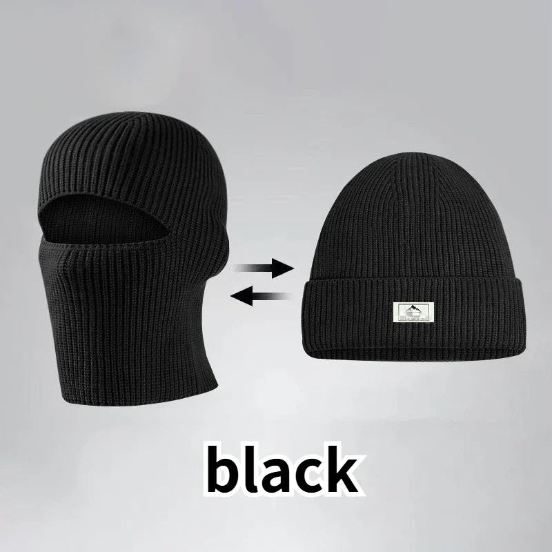 2-in-1 Winter-Maskenmütze Warme Strickmütze Winddichte Einfarbige Vollgesichts-Skimaske Taktische Fahrrad-Ohrenwärmer-Kappe