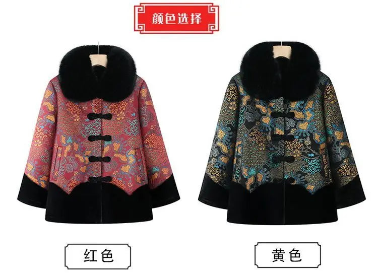 Chinesischer Stil, floraler, mit Fleece gefütterter Mantel für ältere Frauen, Kunstpelzkragen, Tang-Anzug, warme Winter-Oma-Oberbekleidung