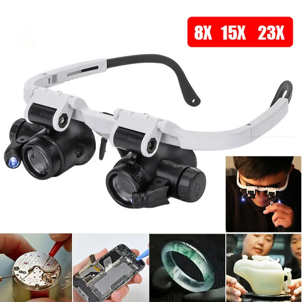 2XLED Uhr Juwelier Reparatur Lupe Kopf-Montiert Stirnband Einstellbare Vergrößerungs Kopf Brillen Lupe Objektiv 8X 15X 23X
