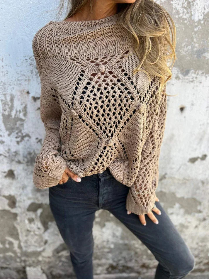 Hohl Einfarbig Langarm Gestrickte Rundhals Lange Vielseitige Pullover Herbst Pullover Damen Roupas De Inverno Feminina Mulher
