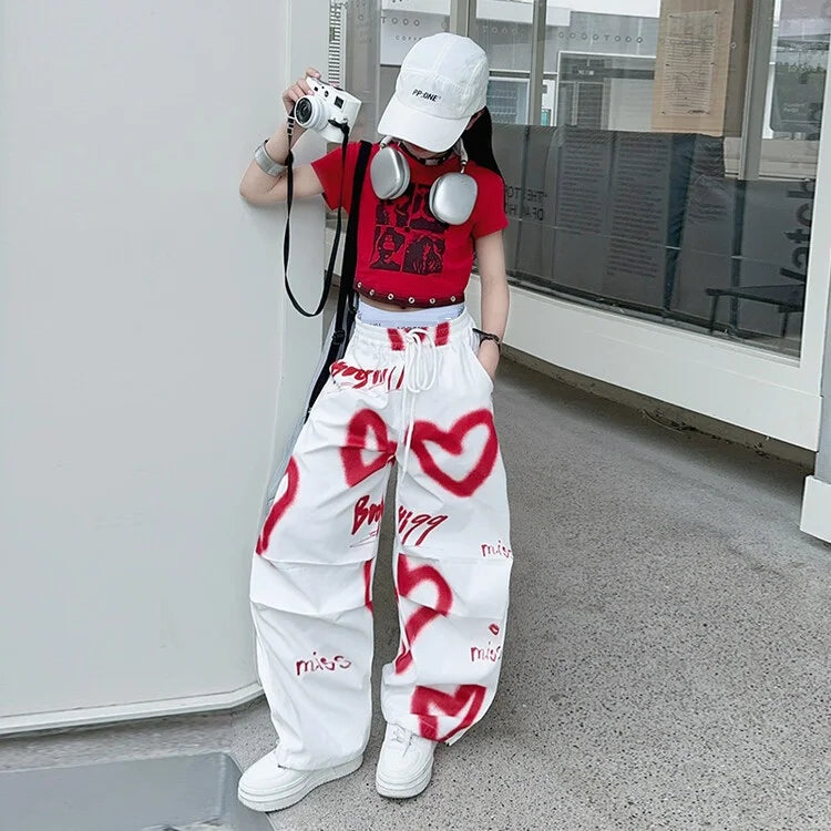 2026 Herbst Winter Teenager Trainingsanzug Mädchen Kleidung Herz Graffiti 1-teiliges T-Shirt Crop Top oder Lange Weite Hose Kinder 4 8 9 10 12 14 Jahre