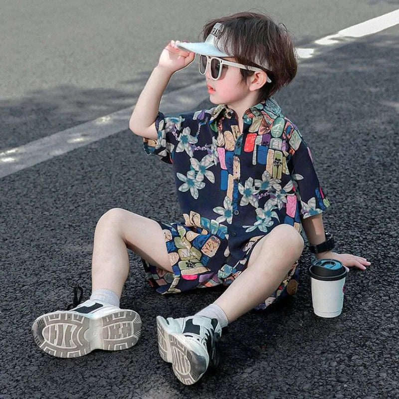 Bedrucktes Hemd, koreanische Kleidung, Kinder-Oberteil, Kinder ab 8–12 Jahren, Sommeranzug für Jungen, Kinder, Jungen, Kleidungsset, 4-altes Kostüm 7