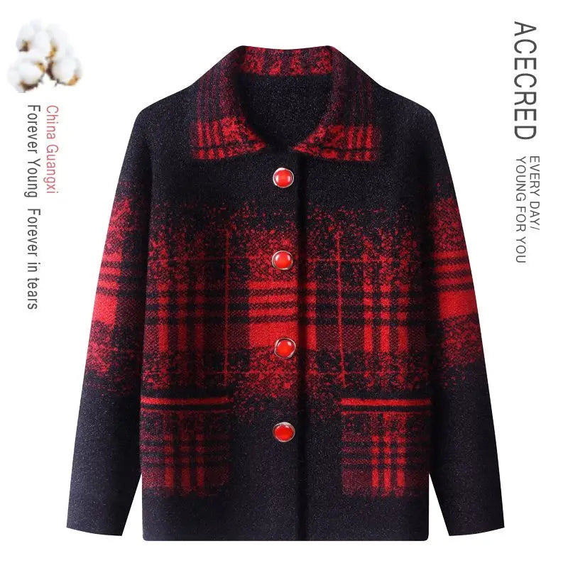 Strickjacke für Ältere Frauen mit Umlegekragen, Karomuster, Dick, Warm, mit Knöpfen, Wintermantel für Mütter und Großmütter