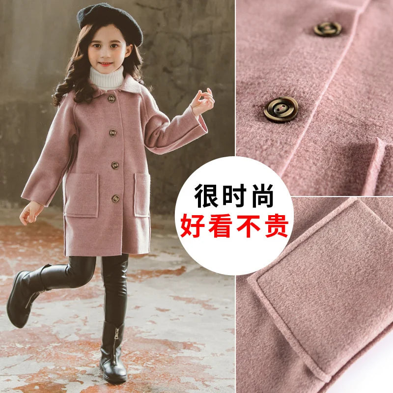 Winter Kinder Tweed Mäntel Herbst Mädchen Warme England Stil Mid-Länge Jacken Teen Mode Oberbekleidung Kind 5-12 Jahre alt