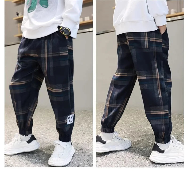 Jungen Dicke Plaid Hosen Frühling Herbst Mädchen Plus Samt Warme Kordelzug Kinder Trend Hosen Mode Teen Sport Casual Hosen 4-12Y