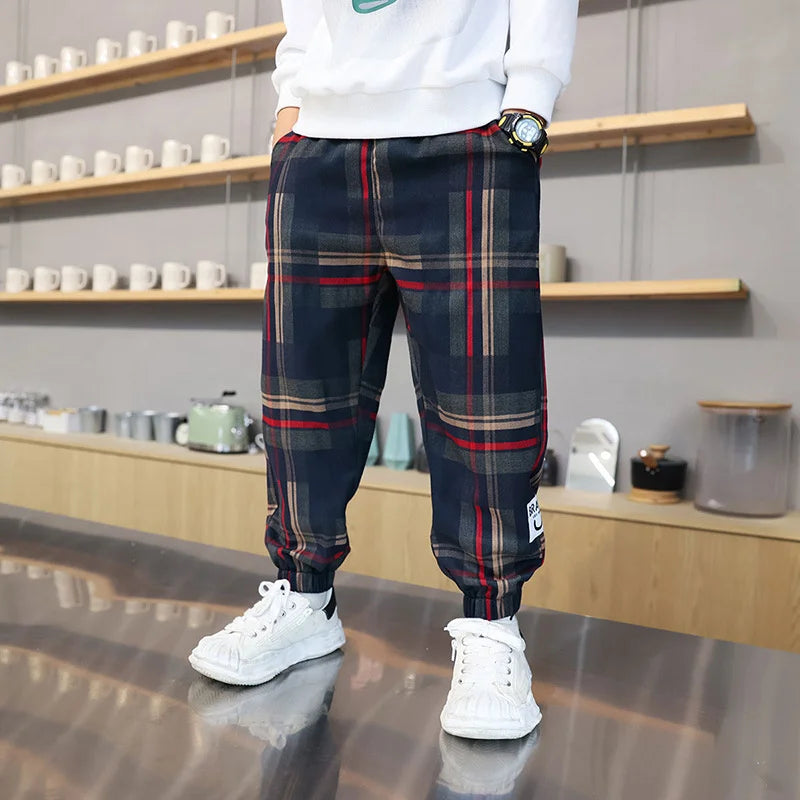 Jungen Dicke Plaid Hosen Frühling Herbst Mädchen Plus Samt Warme Kordelzug Kinder Trend Hosen Mode Teen Sport Casual Hosen 4-12Y