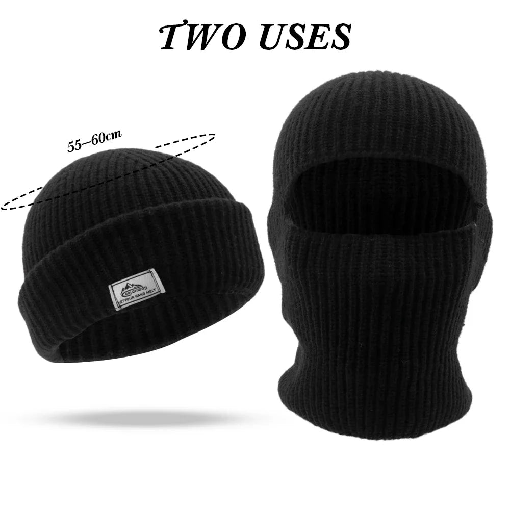 2-in-1 Winter-Maskenmütze Warme Strickmütze Winddichte Einfarbige Vollgesichts-Skimaske Taktische Fahrrad-Ohrenwärmer-Kappe