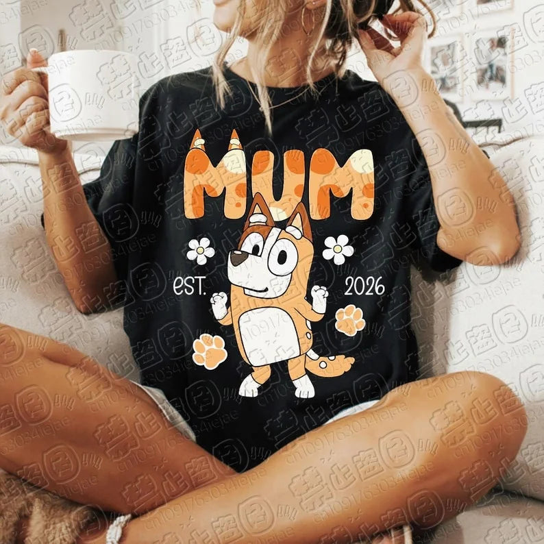 2026 Bluey Familien-Shirts, Cartoon Blauer Hund Mama Papa Partnerlook T-Shirts, Cooler Cartoon-Druck, Lässige Eltern-Kind Atmungsaktive T-Shirts