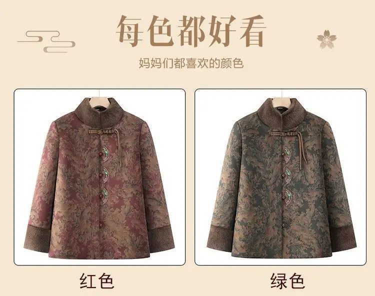 Damenmantel im chinesischen Stil mit Blumenmuster, gefüttert mit Fleece, aus Baumwolle, dicker Wintermantel, Tang-Anzugjacke für ältere Damen, Mütter und Großmütter.