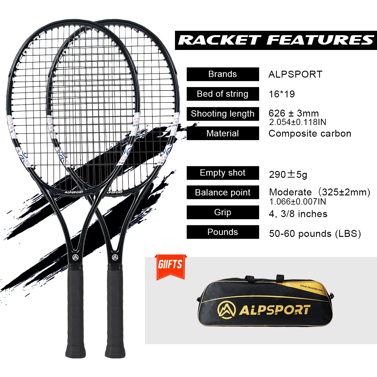 ALPSPORT T800 18K Professioneller Tennis-Schläger aus Carbonfaser – Leicht (280g) mit Tasche & Rutschfestem Gurt, Schneller Versand für Turniere
