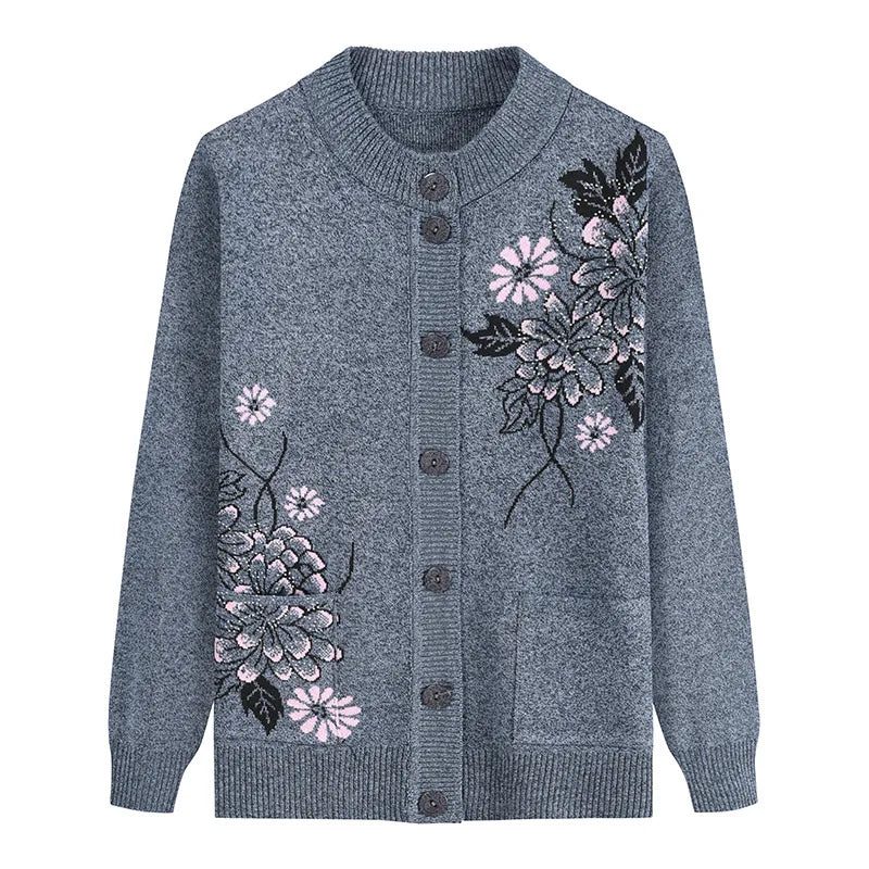 Neue Druck Mittleren Alters Mutter der Frühling Herbst Langarm Pullover Frauen Gestrickte Bodenbildung Shirt Wolle Winter Oma Strickjacke