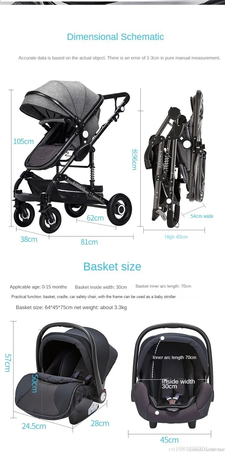 3-in-1-Kinderwagen, klappbar, beidseitig nutzbar, für alle Jahreszeiten, Kinderwagen, Babykutsche, hohe Sitzposition, für Neugeborene, Reisen