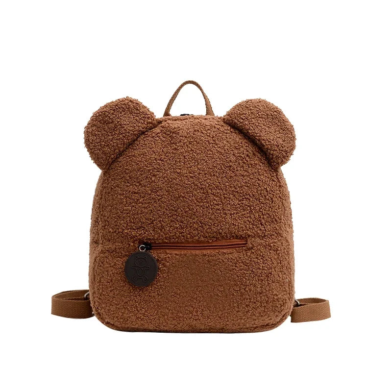 1 Stück Niedlicher Bärenohren-Fleece-Rucksack für Kinder Mädchen Lässiger Warmer Lammwoll-Tagesrucksack Schultasche Rucksack für Reisen und Einkaufen