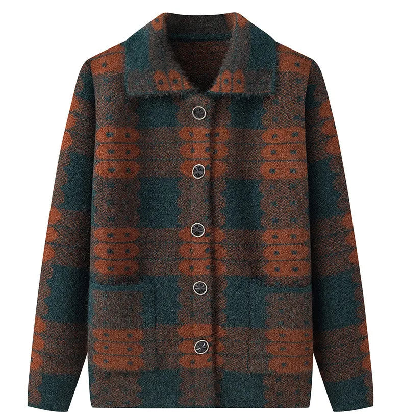 Casual Plaid Herbst Winter Kleidung Mittleren Alters Mutter Pullover Strickwaren Tops Verdicken Oma Warm Woolen Mantel Frauen Strickjacke