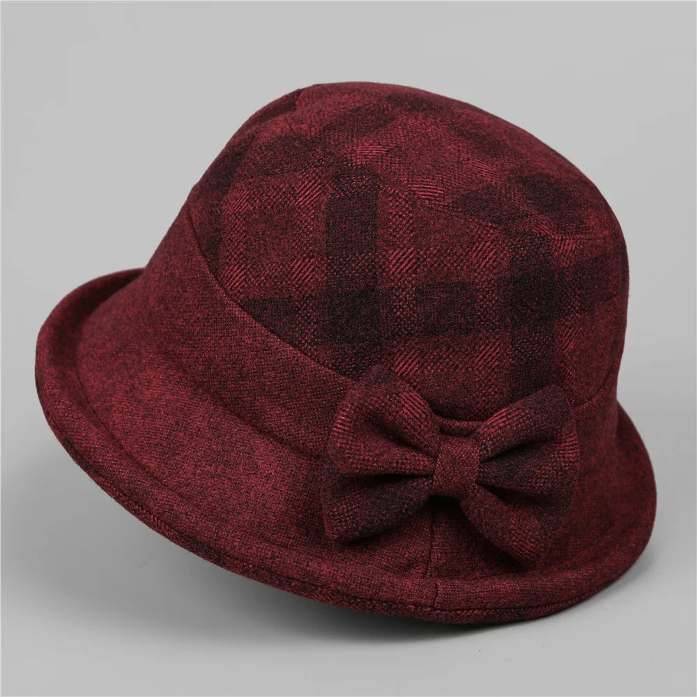 Elegante Schleife Herbst Winter verdickter karierter Fischerhut für Frauen mittleren Alters Mutter Oma