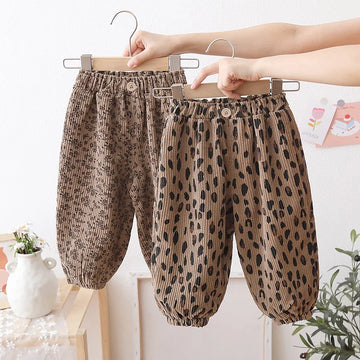 Koreanischer Stil Kleinkind Mädchen Cord Haremshose 1-8Y Leoparden-Blumendruck Herbst Winter gefütterte oder dünne Freizeithose