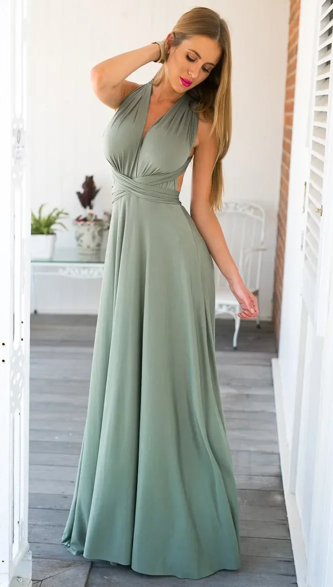 Mode Multi-getragen V-ausschnitt Vestidos De Fiesta Frauen Lange Kleid Sexy Geschnallt Dame Sommer Maxi Kleid