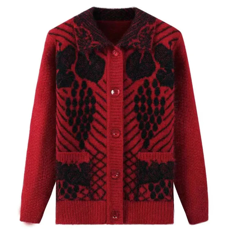 Lässiger Stil Dicker Jacquard-Strick-Cardigan für Ältere Frauen Warmer Mantel für Mütter und Großmütter