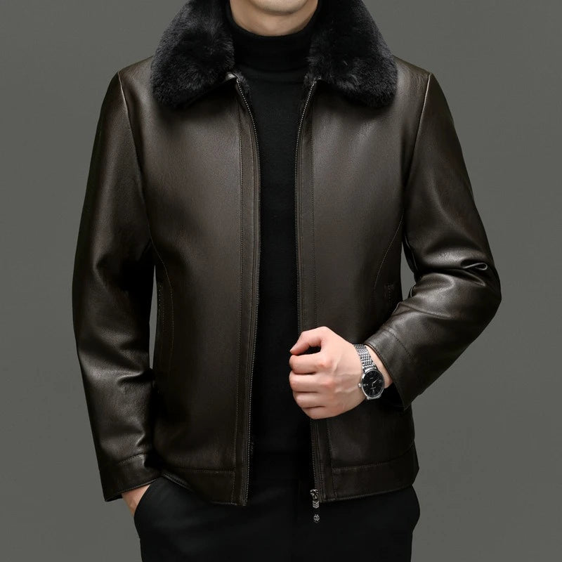 Verdickte Fleece-gefütterte Stehkragen Herren-Lederjacke Winter warmer Mantel für Papa und Opa PU-Leder City Style Casual Outwe