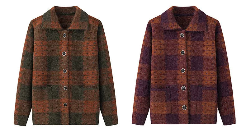 Casual Plaid Herbst Winter Kleidung Mittleren Alters Mutter Pullover Strickwaren Tops Verdicken Oma Warm Woolen Mantel Frauen Strickjacke