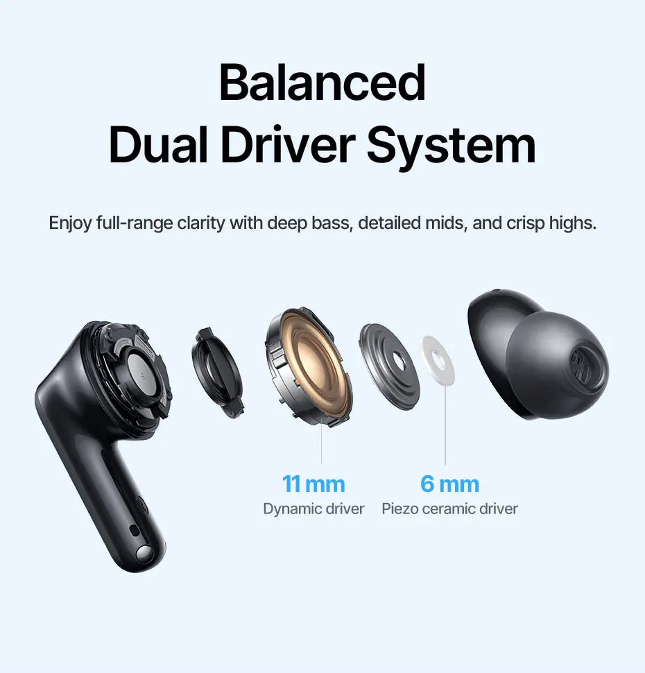 Baseus Bass EP10 Ultra Kabellose Kopfhörer -55dB Geräuschunterdrückung 65 Std. Lange Spielzeit Bluetooth 6.0 Ohrhörer 6 Mikrofone KI-Anruf-Klarsprechfunktion