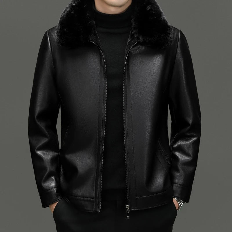 Verdickte Fleece-gefütterte Stehkragen Herren-Lederjacke Winter warmer Mantel für Papa und Opa PU-Leder City Style Casual Outwe