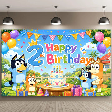 Kinder 2 Jahre Geburtstag Stoff-Hintergrund Bluey Themenparty Cartoon-Dekoration Kuchen Ballons Flaggen Geschenke Fotowand Kinderparty
