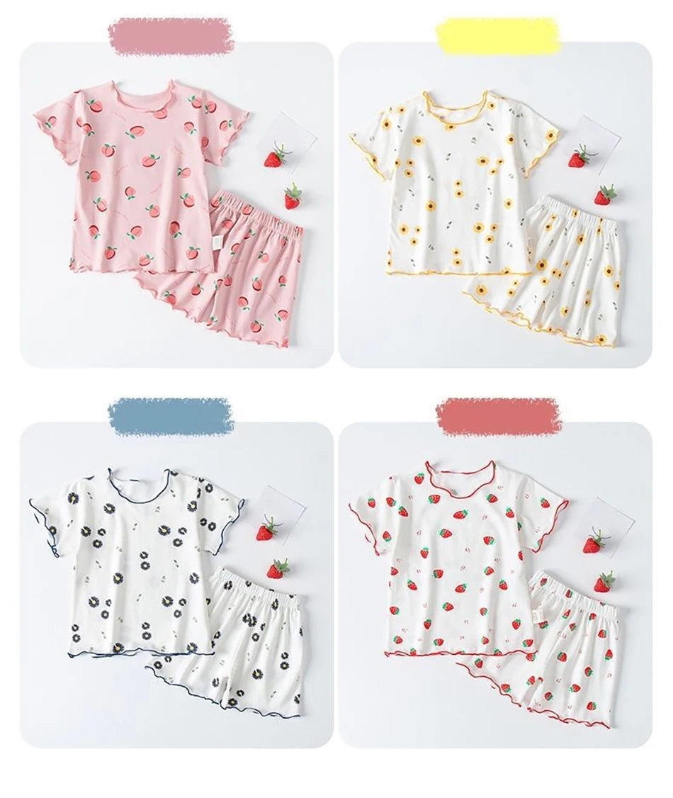 Erdbeer-Pyjama-Set für Babymädchen, Sommer, kurzärmelig, dünn, zweiteilig, Kleinkinder-Schlafanzug, Baby-Heimkleidung