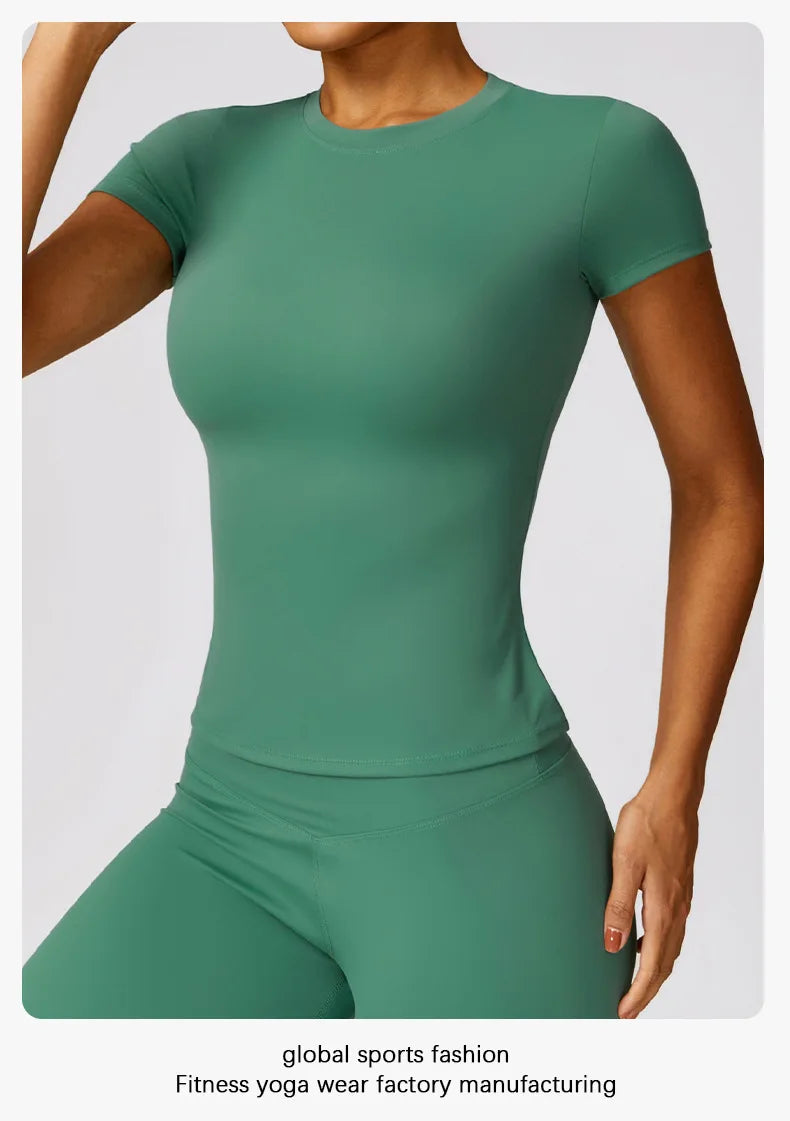 Damen-Sport-T-Shirt, Sommer, kurzärmelig, Laufen, Rundhalsausschnitt, atmungsaktiv, dehnbar, Fitnessstudio, Yoga, schlank, Fitness, aktives Top-T-Shirt