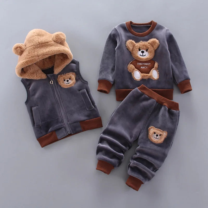 Kinder Cartoon Kleidung Sets Winter Herbst Jungen Mädchen Baumwolle Dicke Warme Mit Kapuze Pullover Nette Bär 3Pcs Kinder Anzüge 0-4 jahre