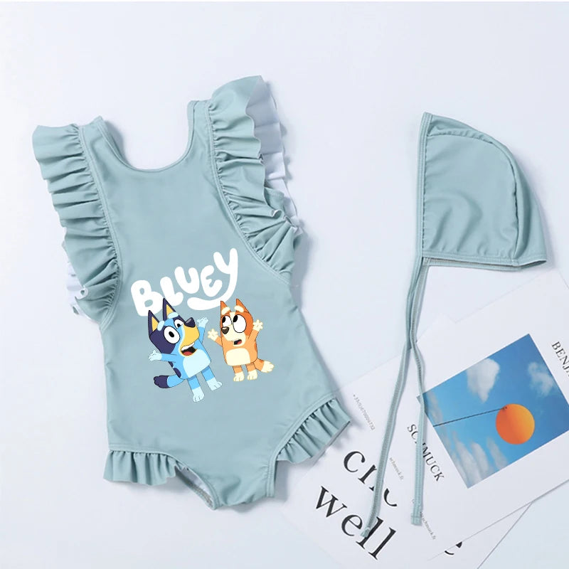 Cartoon Bluey Mädchen Sommer-Badeanzüge Kinder Einteilige & Bikini-Sets mit Badekappe Strandkleidung Bademode für Kinder