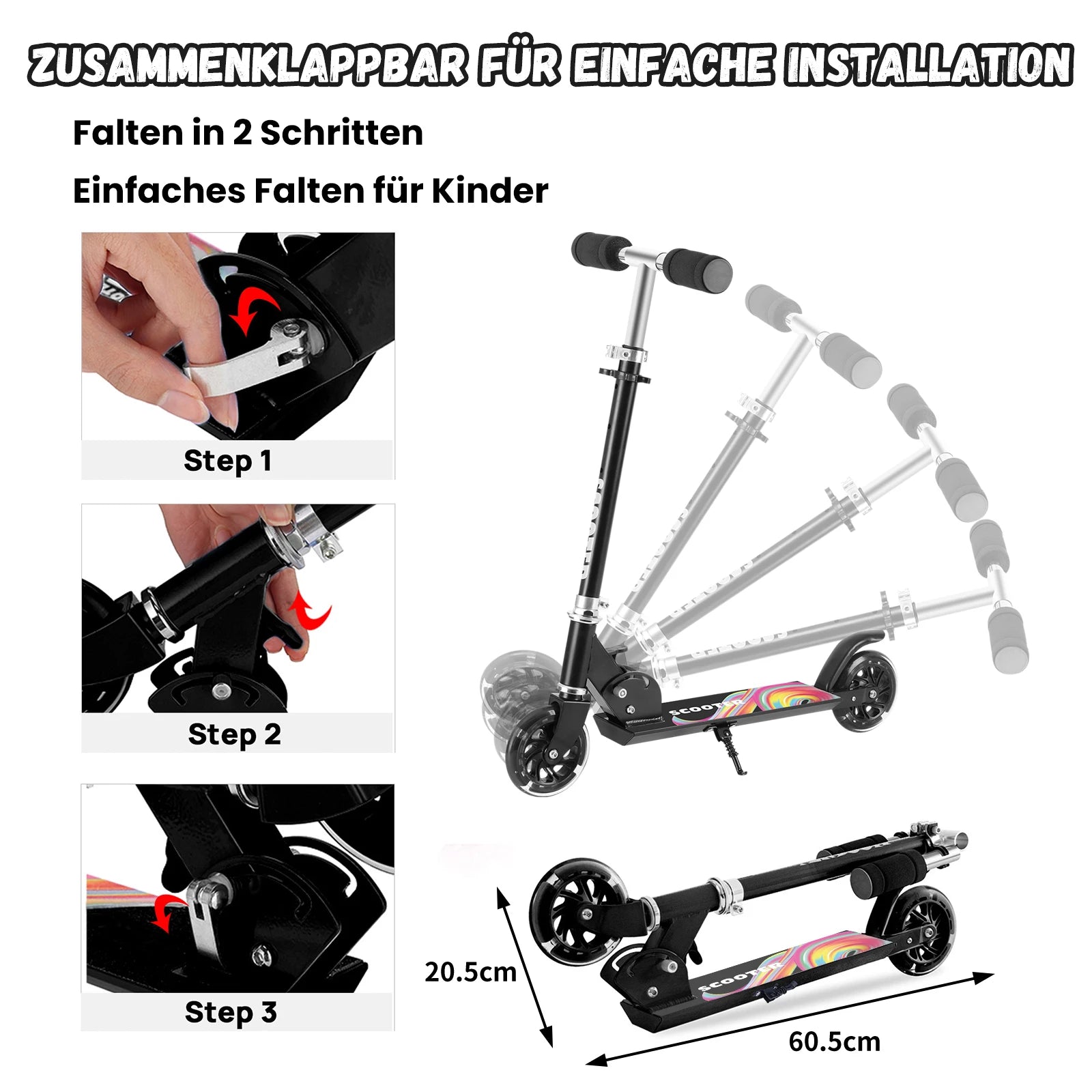 Roller für Kinder im Alter von 6-12/3-5 Jahren, faltbar und höhenverstellbar, LED-Leuchtrollen, maximale Belastung 50 kg.