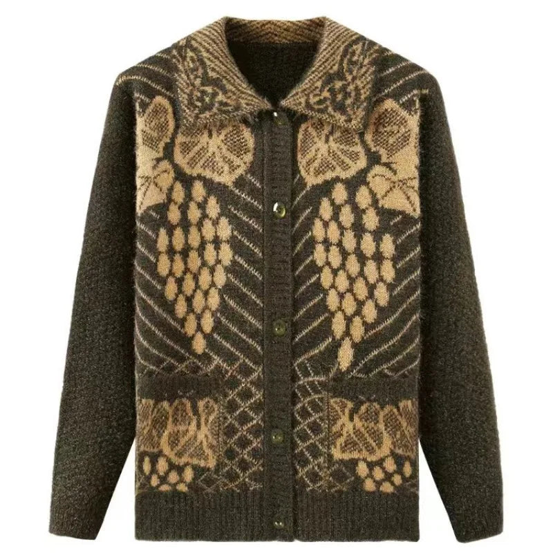 Lässiger Stil Dicker Jacquard-Strick-Cardigan für Ältere Frauen Warmer Mantel für Mütter und Großmütter
