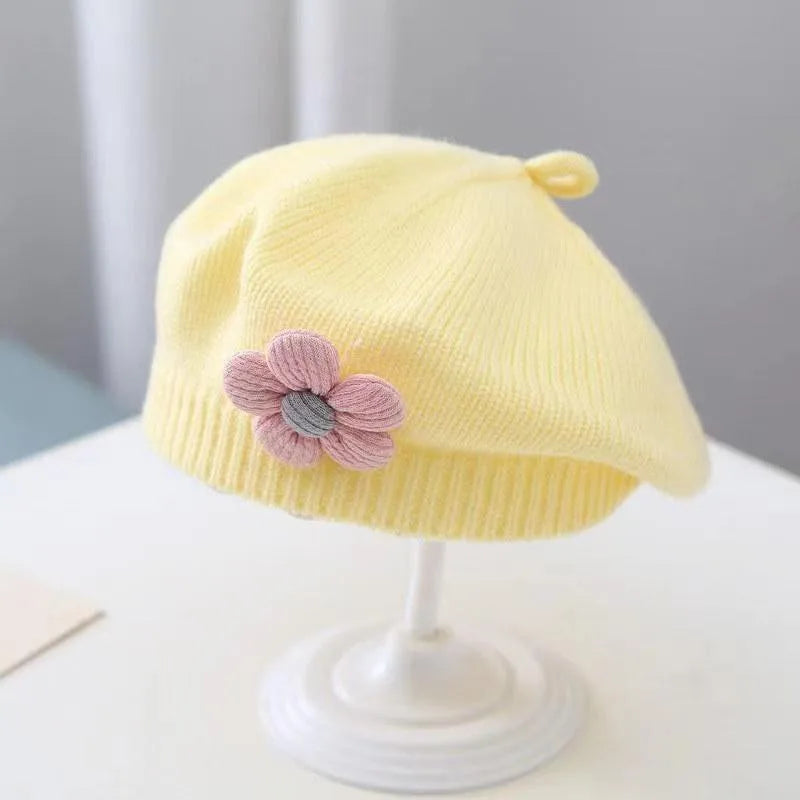 Blume Baby Baskenmütze Hut Winter Warme Gestrickte Beanie Cap für Kleinkind Mädchen Koreanische Kleinkind Prinzessin Künstler Einfarbig Maler Kappen
